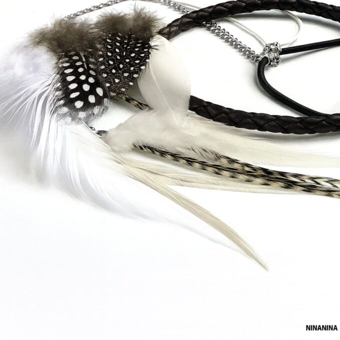 N1674b Bandeau de tete Boheme Chic Cordon Cuir Tressé Et Plumes Naturelles - Accessoires de coiffure boheme chic en ligne Ninanina