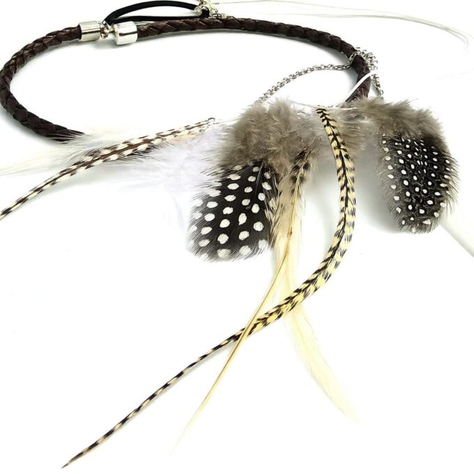 N1674c Bandeau de tete Boheme Chic Cordon Cuir Tressé Et Plumes Naturelles - Accessoires de coiffure boheme chic en ligne Ninanina