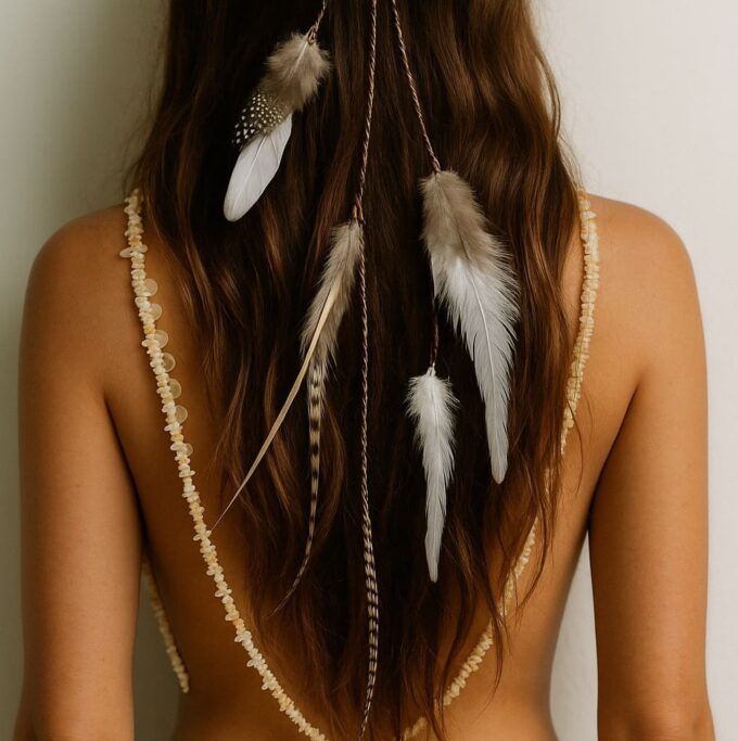 N1674f Bandeau de tete Boheme Chic Cordon Cuir Tressé Et Plumes Naturelles - Accessoires de coiffure boheme chic en ligne Ninanina