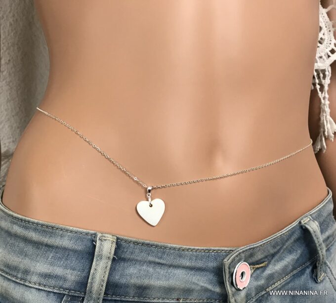 N1692a Collier pour ventre Argent 925 coeur nacre blanc - chaine de taille - Bijoux de corps en ligne Ninanina