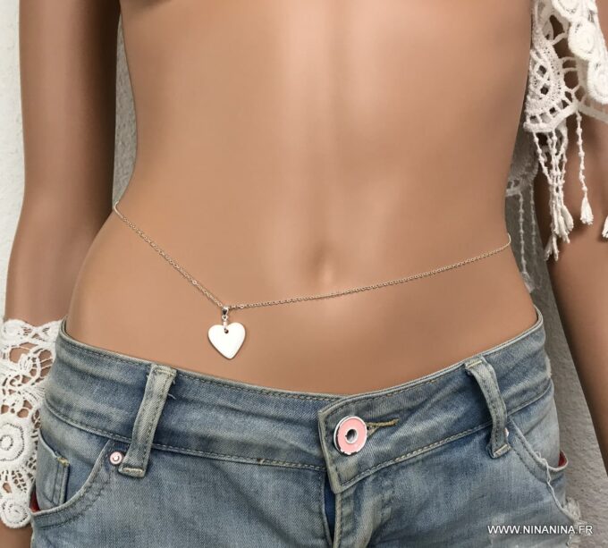 N1692c Collier pour ventre Argent 925 coeur nacre blanc - chaine de taille - Bijoux de corps en ligne Ninanina