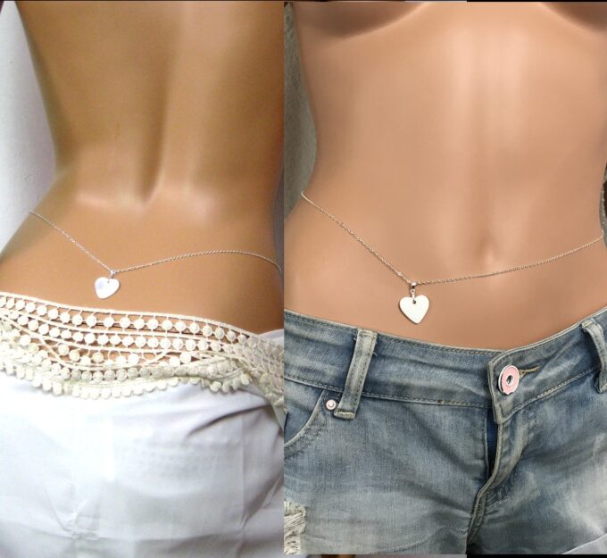 N1692f Collier pour ventre Argent 925 coeur nacre blanc - chaine de taille - Bijoux de corps en ligne Ninanina