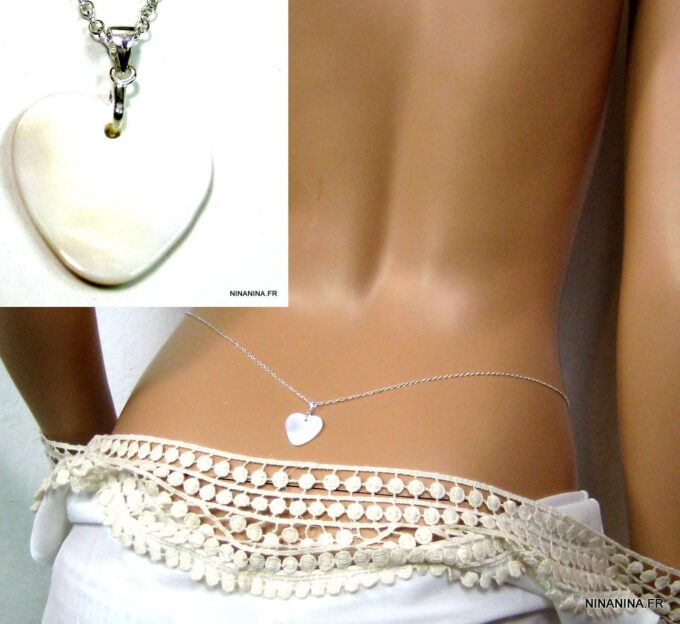 N1692ter chaine de taille argent massif coeur nacre