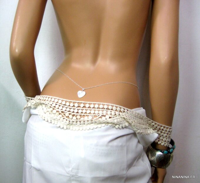 N1692terb chaine de taille argent massif coeur nacre