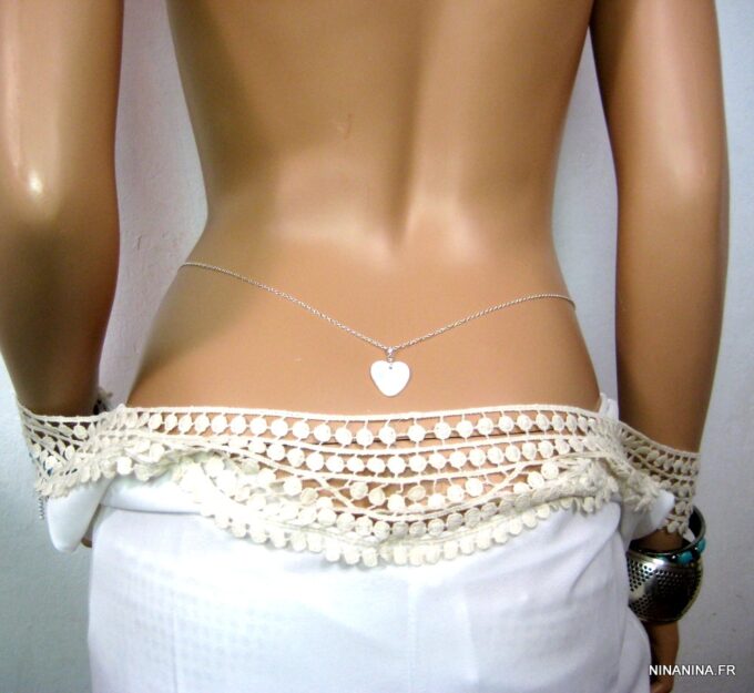 N1692terc chaine de taille argent massif coeur nacre