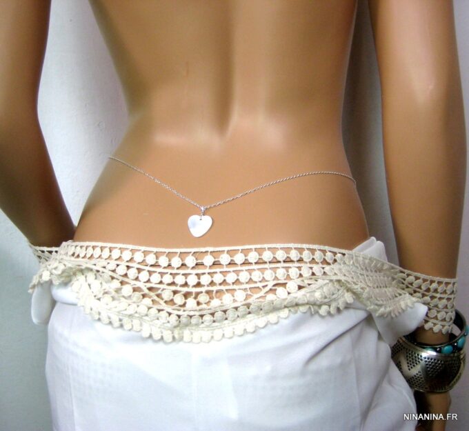 N1692terf chaine de taille argent massif coeur nacre