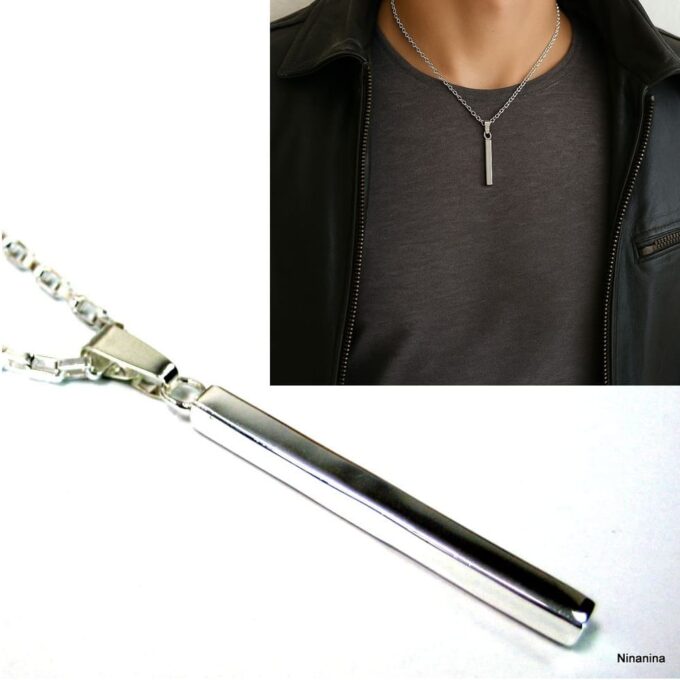 N1730a Collier homme artisanal pendentif barre et chaine maille rectangulaire plaqué argent - Bijoux colliers en ligne Ninanina