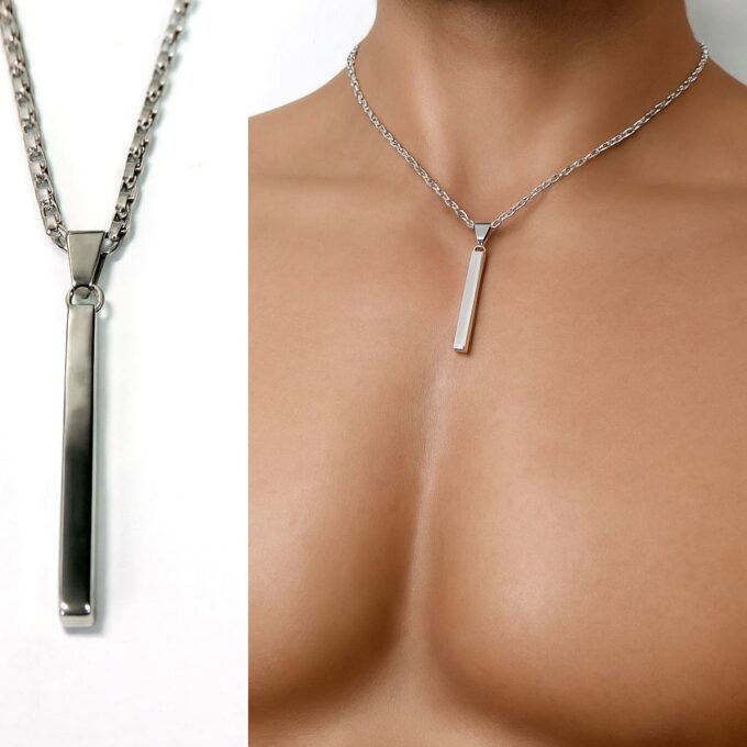 N1730c Collier homme artisanal pendentif barre et chaine maille rectangulaire plaqué argent - Bijoux colliers en ligne Ninanina