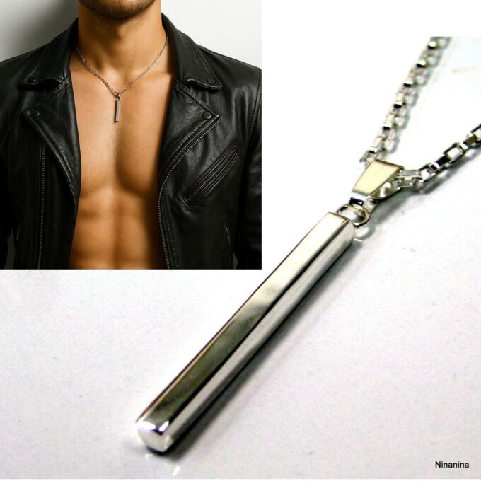 N1730d Collier homme artisanal pendentif barre et chaine maille rectangulaire plaqué argent - Bijoux colliers en ligne Ninanina