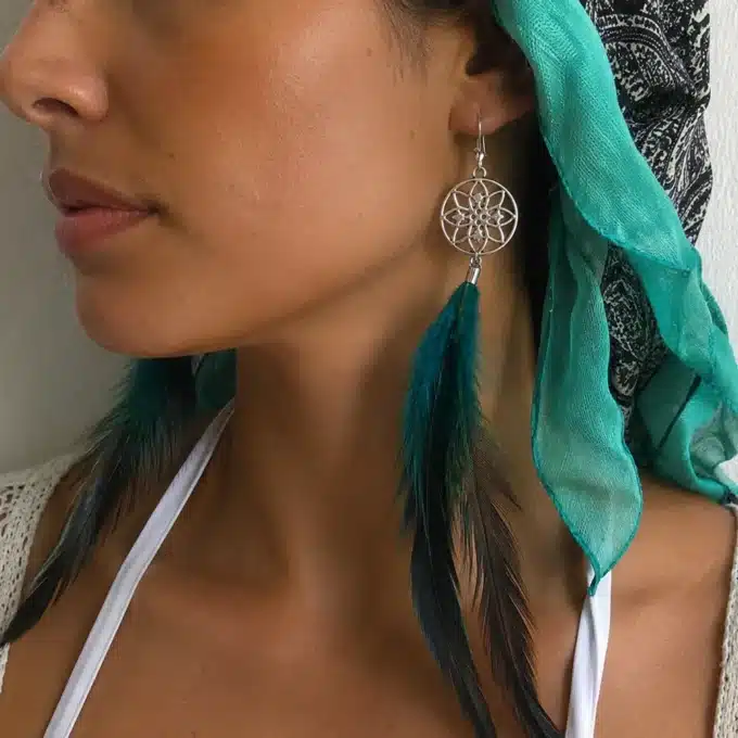 N1795a Boucles D’oreilles plumes bleues turquoise dormeuses - Bijoux d'oreille femmes en ligne Ninanina