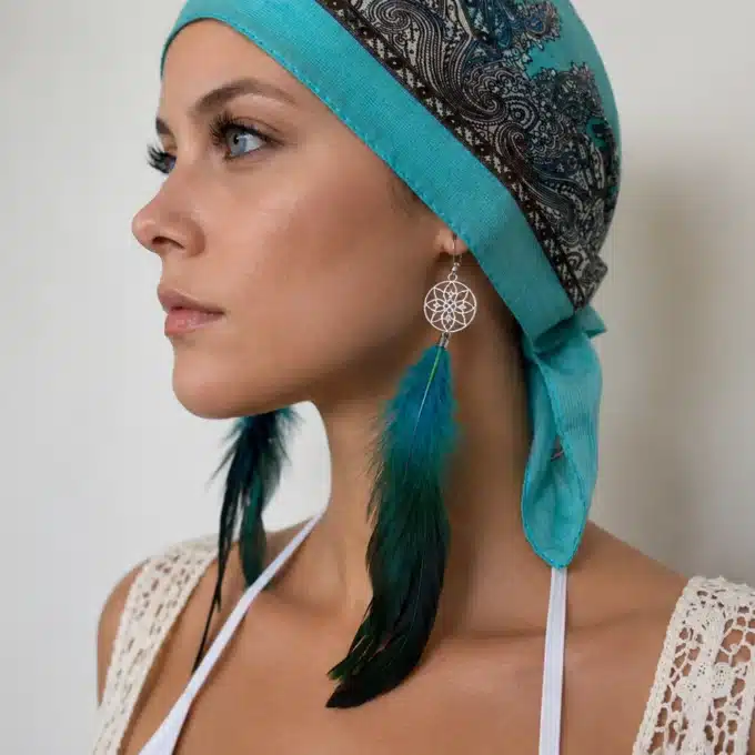 N1795b Boucles D’oreilles plumes bleues turquoise dormeuses - Bijoux d'oreille femmes en ligne Ninanina