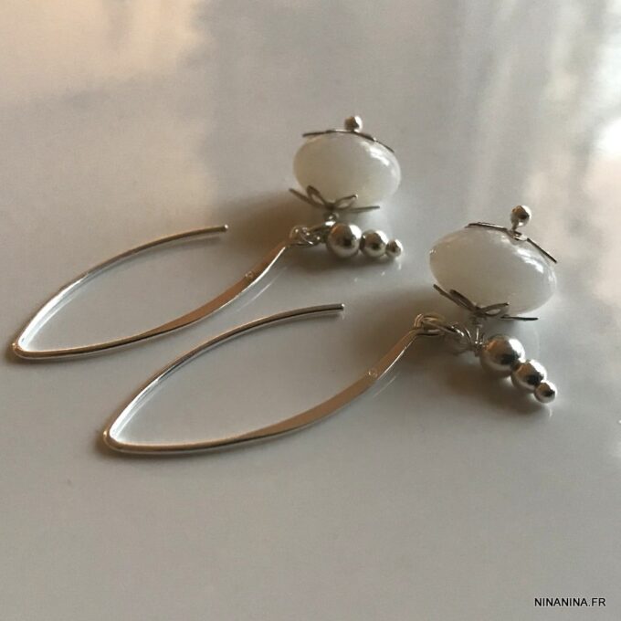 N1880a Boucles D'oreilles Blanches Argent 925 massif ovales - Bijoux Boucle d'oreille en ligne Ninanina