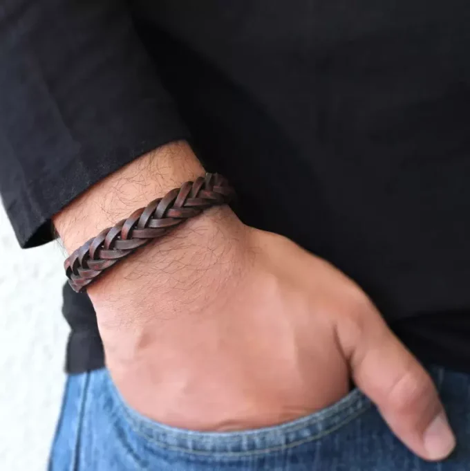 N1935 Bracelet homme cuir tressé ajustable par liens coulissants - Bijoux Bracelets hommes en ligne Ninanina