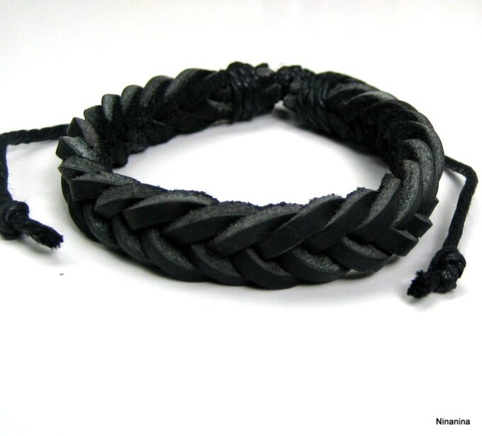 N1935c Bracelet homme cuir tressé ajustable par liens coulissants - Bijoux Bracelets hommes en ligne Ninanina
