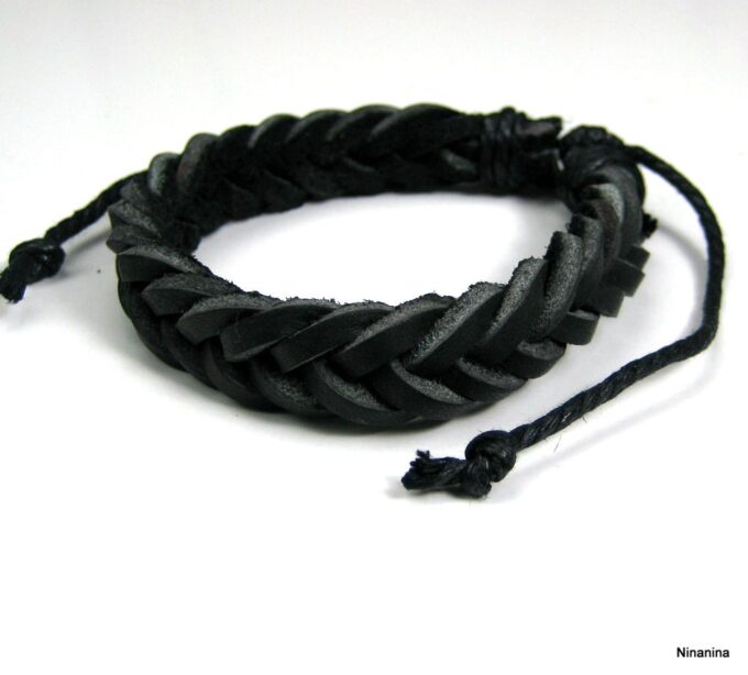 N1935f Bracelet homme cuir tressé ajustable par liens coulissants - Bijoux Bracelets hommes en ligne Ninanina