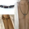 N1936 Collier homme cuir Acier Inoxydable perles bois - Bijoux Colliers Hommes en ligne Ninanina
