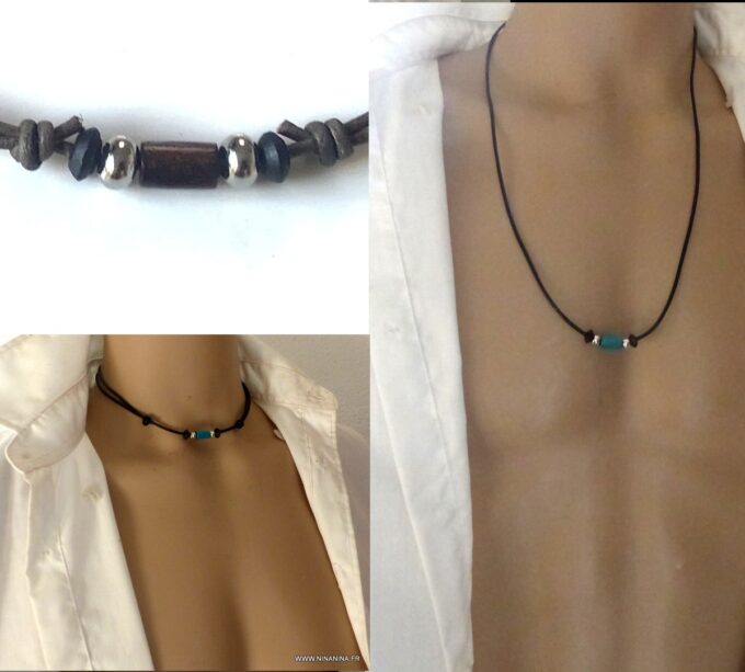 N1936 Collier homme cuir Acier Inoxydable perles bois - Bijoux Colliers Hommes en ligne Ninanina