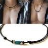 N1936 Collier homme cuir Acier Inoxydable perles bois turquoise - Bijoux Colliers en ligne Ninanina