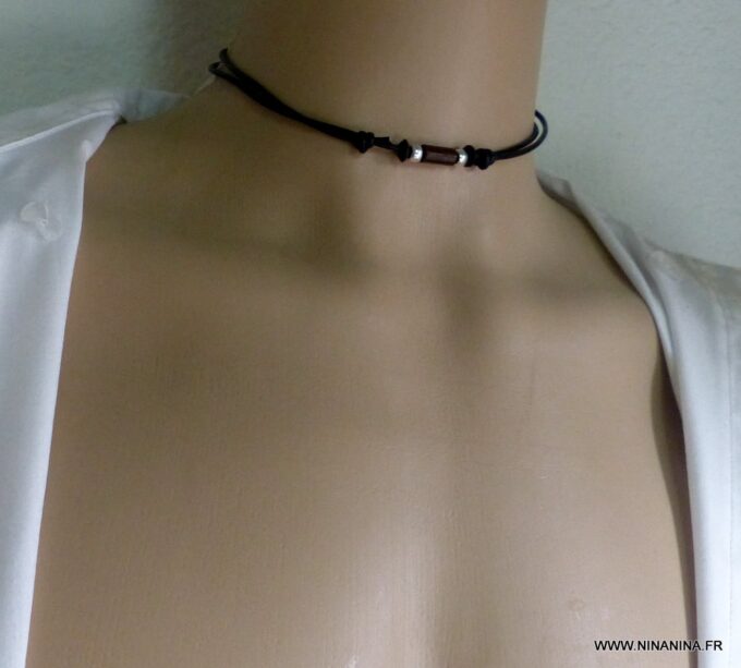 N1936a Collier homme cordon cuir perle bois métal argent NINANINA
