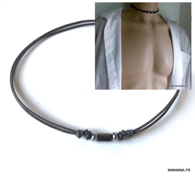 N1936a Collier homme cuir Acier Inoxydable perles bois - Bijoux Colliers Hommes en ligne Ninanina