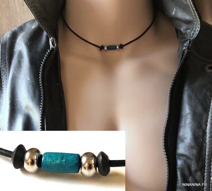 N1936a Collier homme cuir Acier Inoxydable perles bois turquoise - Bijoux Colliers en ligne Ninanina