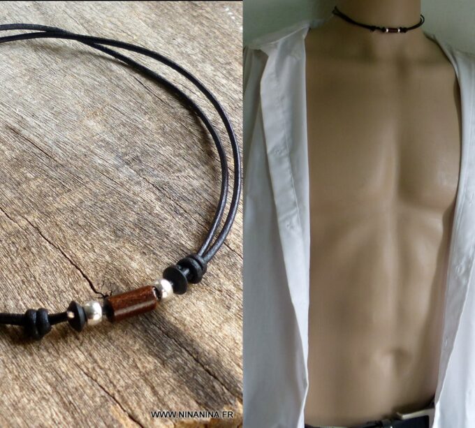 N1936b Collier homme cordon cuir perle bois métal argent NINANINA