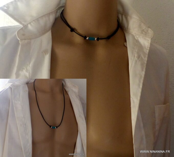 N1936b Collier homme cuir Acier Inoxydable perles bois - Bijoux Colliers en ligne Ninanina
