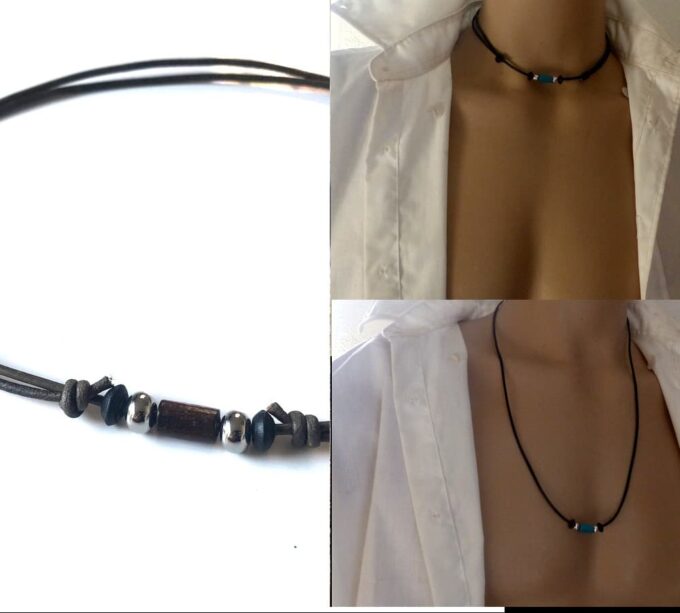 N1936b Collier homme cuir Acier Inoxydable perles bois - Bijoux Colliers Hommes en ligne Ninanina