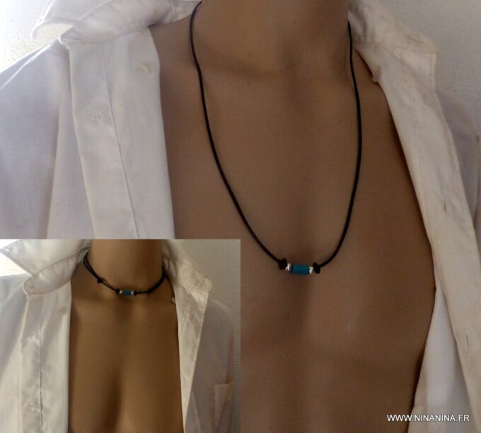 N1936c Collier homme cuir Acier Inoxydable perles bois - Bijoux Colliers en ligne Ninanina