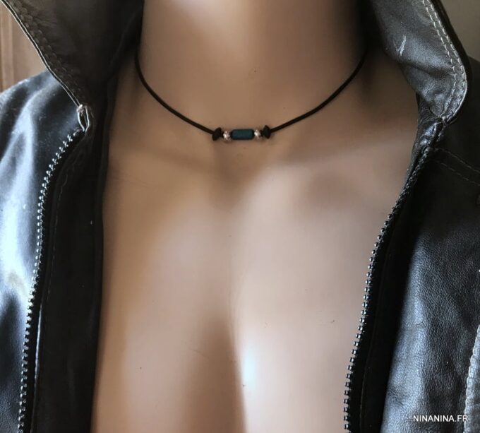 N1936c Collier homme cuir Acier Inoxydable perles bois turquoise - Bijoux Colliers en ligne Ninanina
