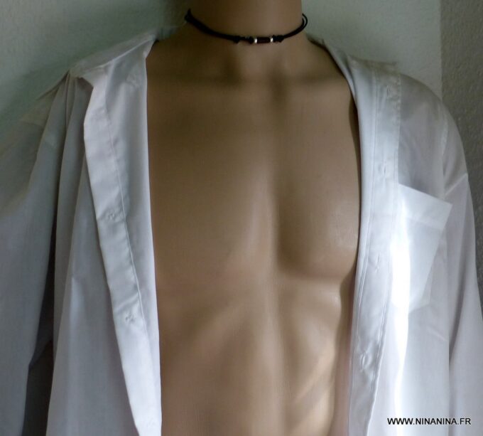 N1936d Collier homme cordon cuir perle bois métal argent NINANINA