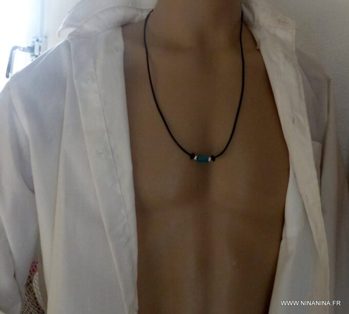 N1936d Collier homme cuir Acier Inoxydable perles bois - Bijoux Colliers en ligne Ninanina