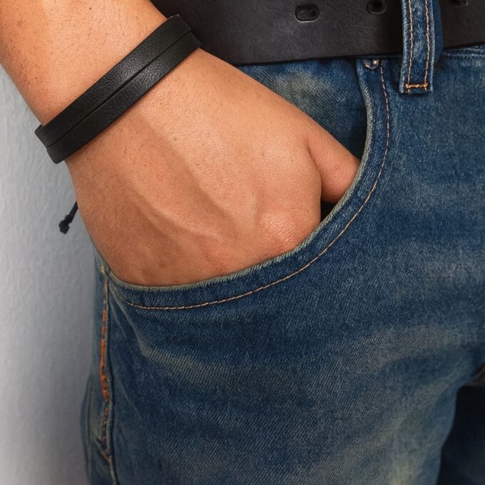 N1947b Bracelet cuir marron 3 rangs réglable par noeuds coulissants - Bijoux Bracelets hommes en ligne Ninanina