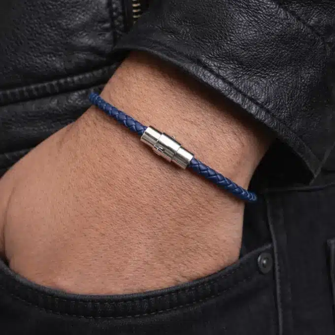N1960 Bracelet Cuir Bleu Homme Fait Main En France - Cordon Tressé Et Fermoir Magnétique Acier - Bijoux Bracelets hommes en ligne Ninanina