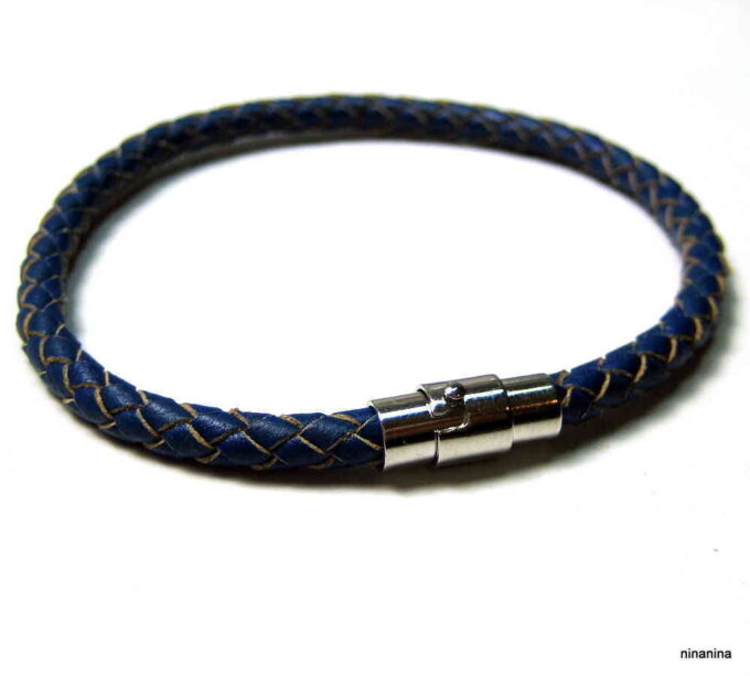 N1960a Bracelet Cuir Bleu Homme Fait Main En France - Cordon Tressé Et Fermoir Magnétique Acier - Bijoux Bracelets hommes en ligne Ninanina