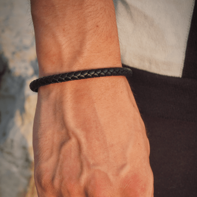 N1965 Bracelet homme luxe cordon en cuir tressé et Argent 925 fait main - Bijoux Bracelets hommes en ligne Ninanina