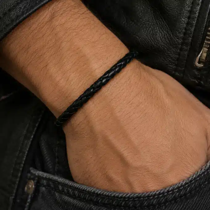 N1965b Bracelet homme luxe cordon en cuir tressé et Argent 925 fait main – Bijoux Bracelets hommes en ligne Ninanina