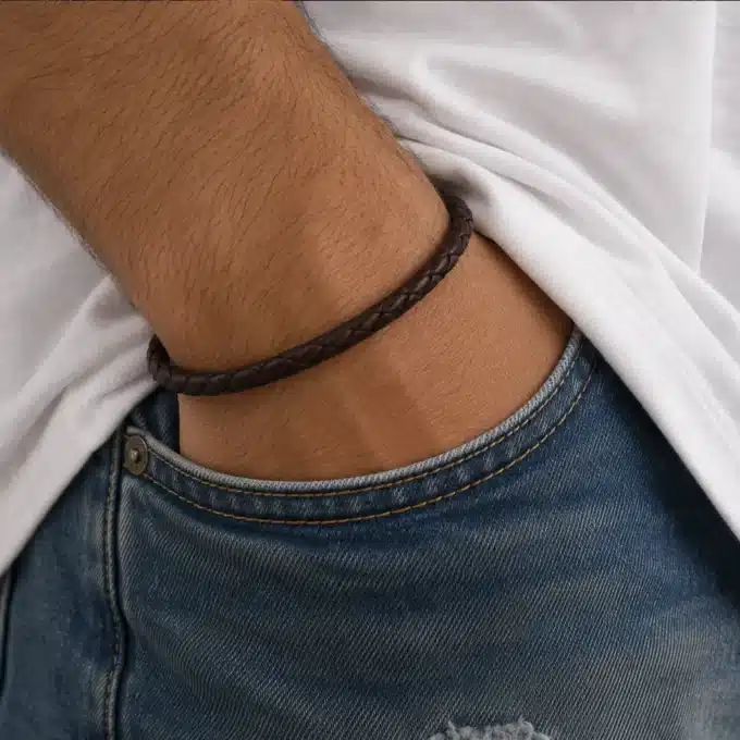 N1965c Bracelet homme luxe cordon en cuir tressé et Argent 925 fait main – Bijoux Bracelets hommes en ligne Ninanina