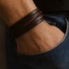 N1985 b Bracelet homme cuir multi liens et noeud coulissant marron ajustable - Bijoux Bracelets cuir en ligne Ninanina