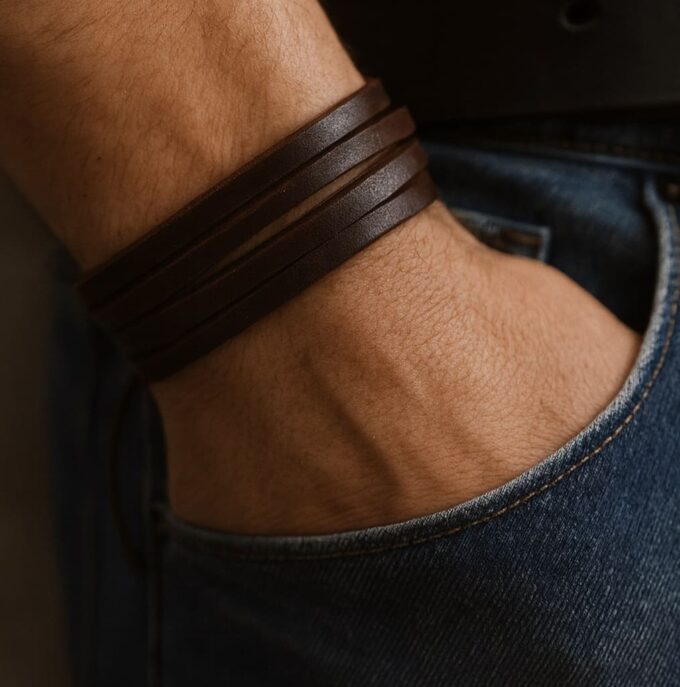 N1985 b Bracelet homme cuir multi liens et noeud coulissant marron ajustable - Bijoux Bracelets cuir en ligne Ninanina