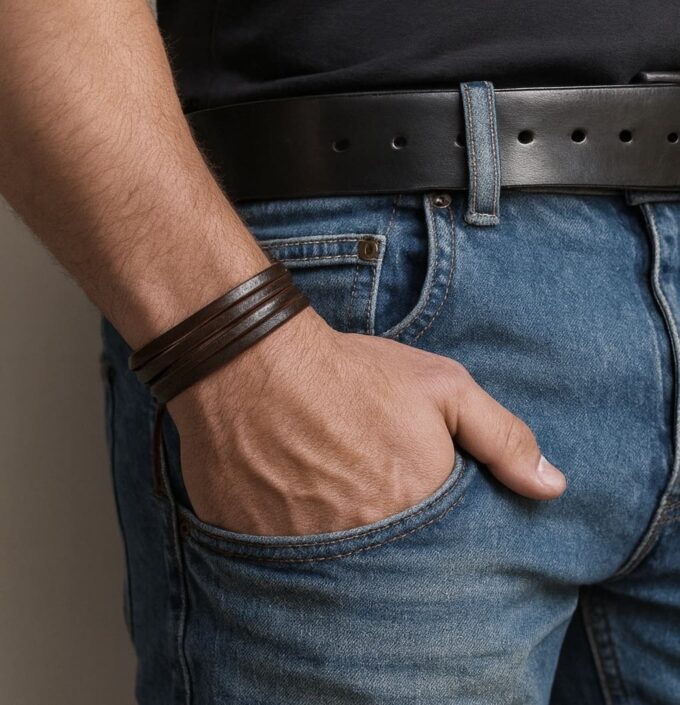 N1985 Bracelet homme cuir multi liens et noeud coulissant marron ajustable - Bijoux Bracelets cuir en ligne Ninanina