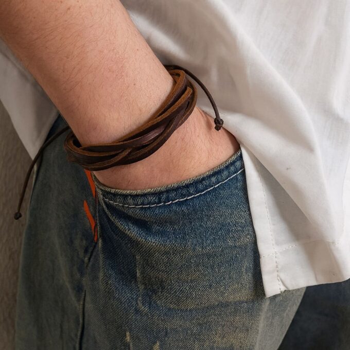 N1985c Bracelet homme cuir multi liens et noeud coulissant marron ajustable - Bijoux Bracelets cuir en ligne Ninanina