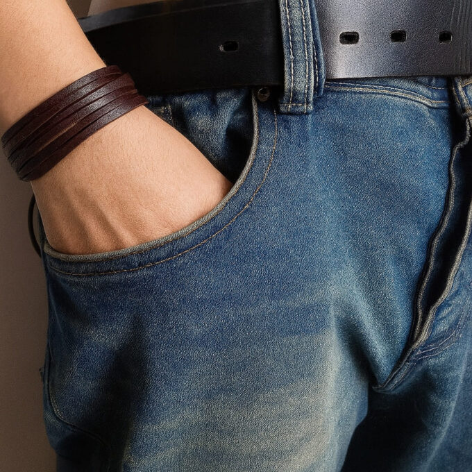 N1985d Bracelet homme cuir multi liens et noeud coulissant marron ajustable - Bijoux Bracelets cuir en ligne Ninanina
