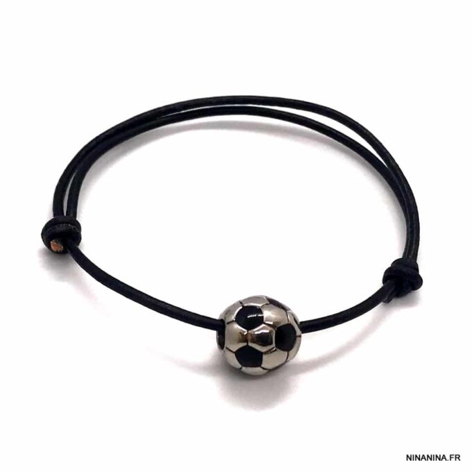 N2026 Bracelet foot cordon cuir ballon de football acier - Bijoux Bracelets enligne Ninanina
