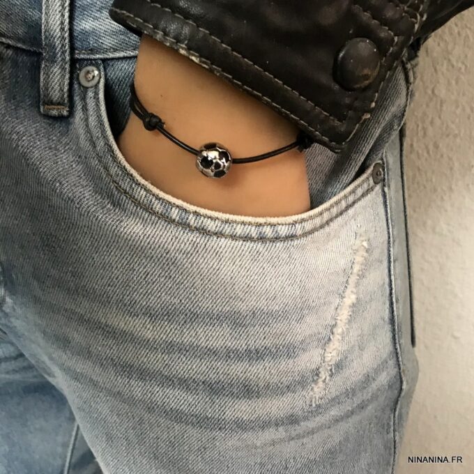 N2026a Bracelet foot cordon cuir ballon de football acier - Bijoux Bracelets enligne Ninanina