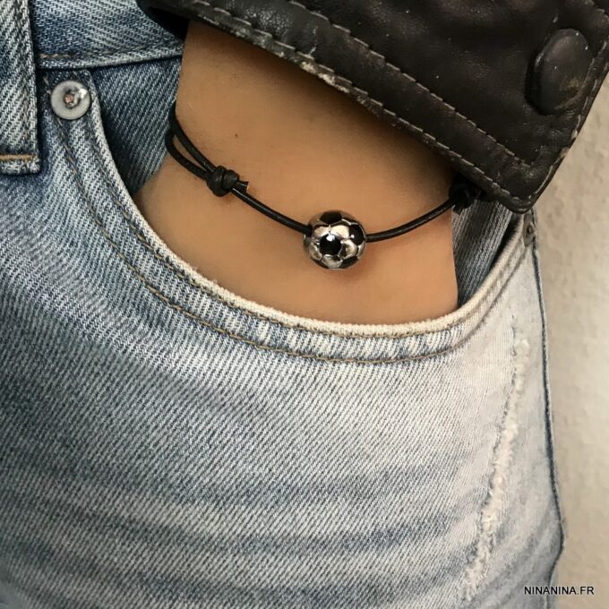 N2026d Bracelet foot cordon cuir ballon de football acier - Bijoux Bracelets enligne Ninanina