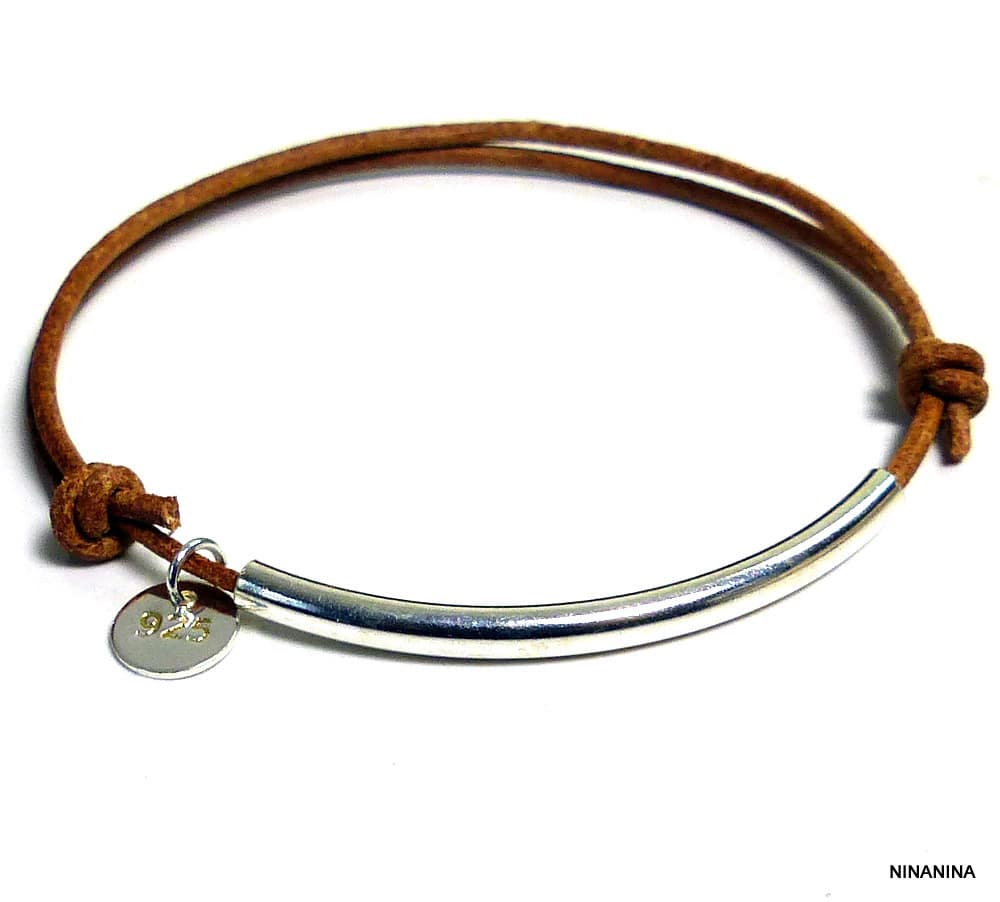 Bracelet femme perle tube Argent 925 massif cordon cuir – Image 6