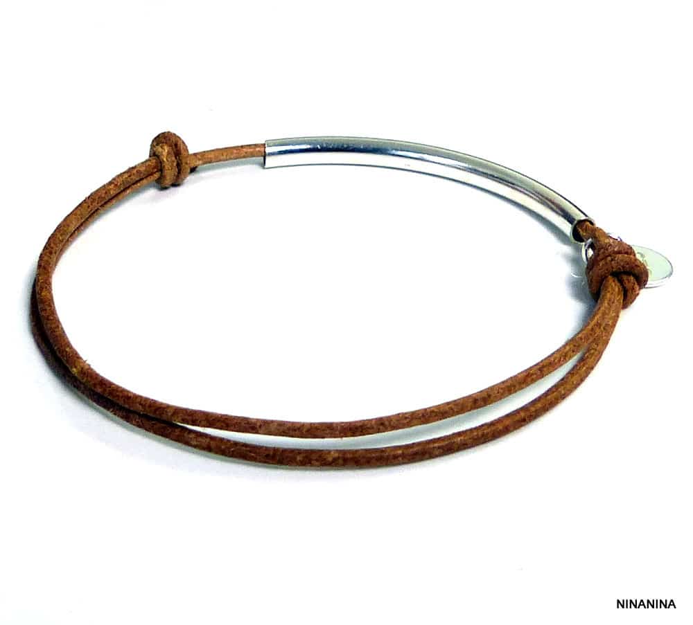 Bracelet femme perle tube Argent 925 massif cordon cuir – Image 4