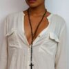 N2053b Chapelet collier femme avec perles noires et pendentif croix en hématite - Bijoux colliers religieux en ligne Ninanina