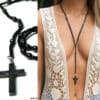 N2053d Chapelet collier femme avec perles noires et pendentif croix en hématite - Bijoux colliers religieux en ligne Ninanina